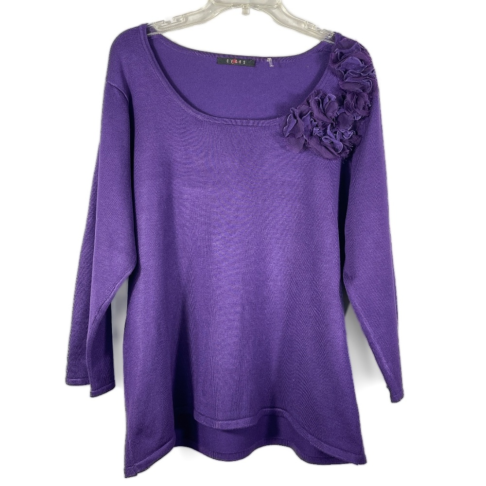 Purple Long Sleeved U Neckline Sweater With Floral Side Shoulder Trim